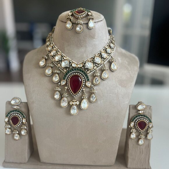 Victorian Polki Kundan Choker Necklace Set | Ruby Emerald Wedding Jewelry - Picture 10 of 15
